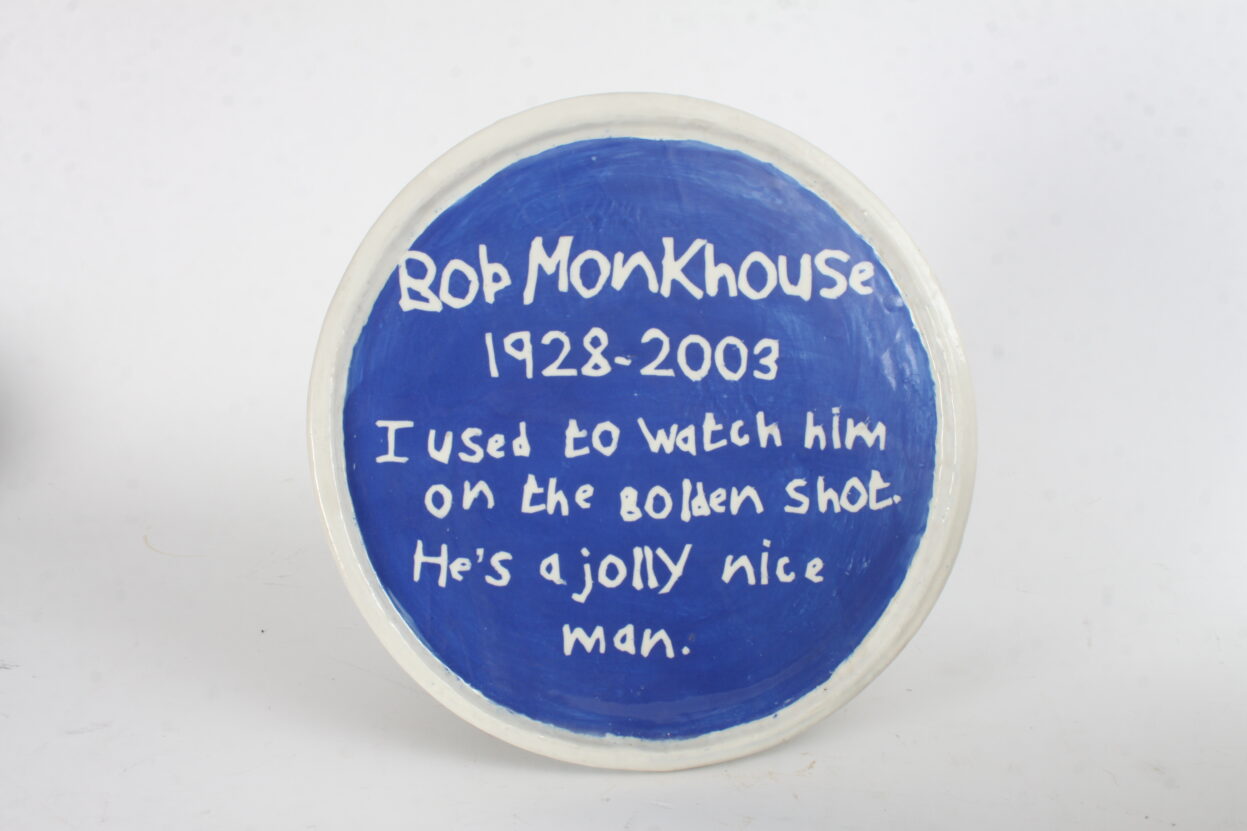 Ceramic blue plaque for Bob Monkhouse