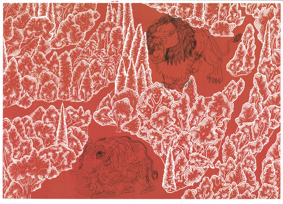lino print drawing of trees on red background with drawing of a lion.