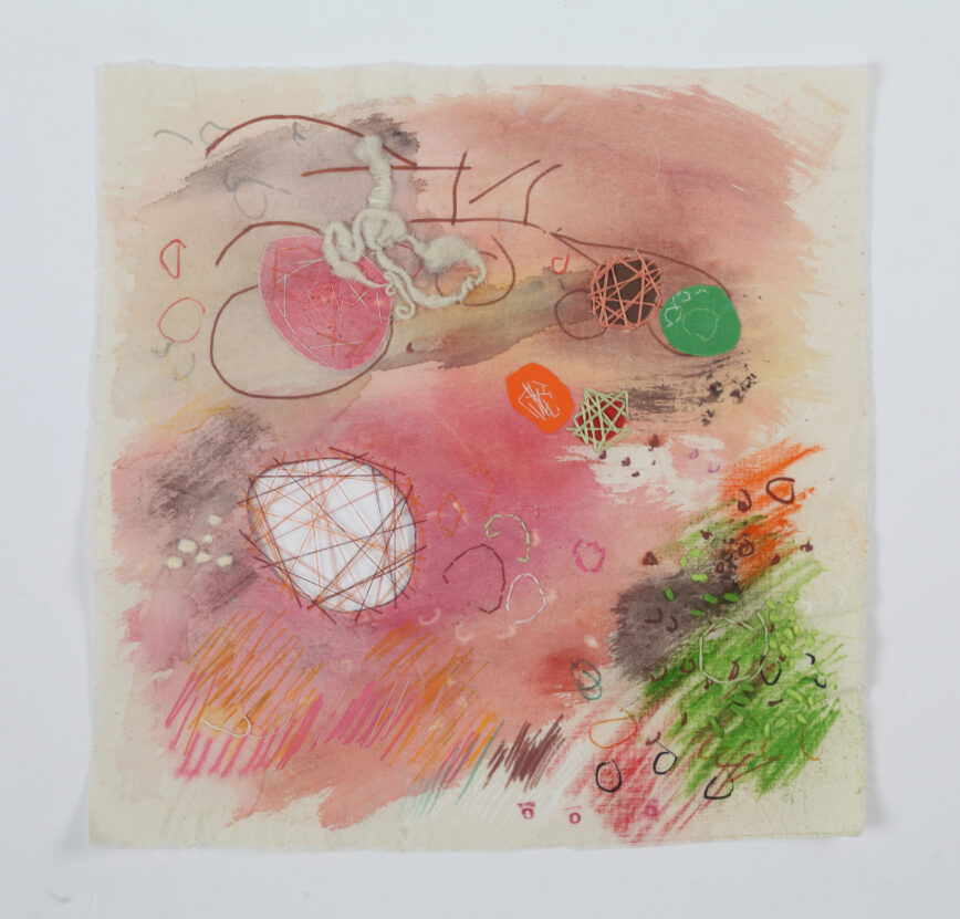 Abstract textile art piece with embroidery, in pink and green