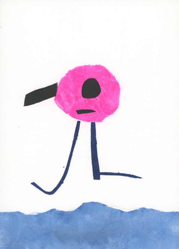 Abstract artwork of a flamingo, with a round pink body and long black legs.