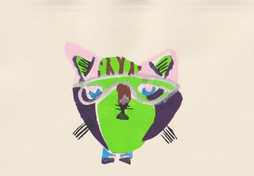 stencil print of a green cat's head wearing glasses.