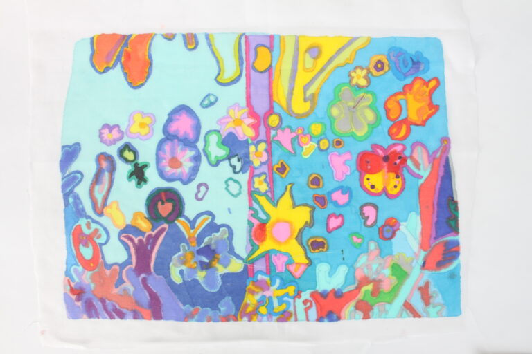 colourful abstract fabric painting with some flowers.