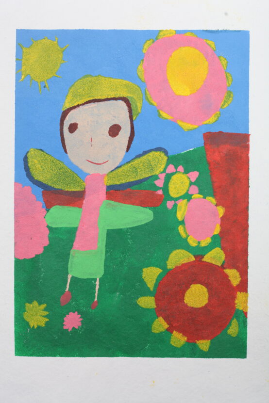 A print by Helena Bradley of a fairy with some flowers and a blue sky.