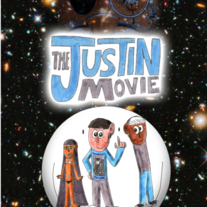 Book front cover - illustrations of people in a bubble against a starry background, text reads 'The Justin Movie'