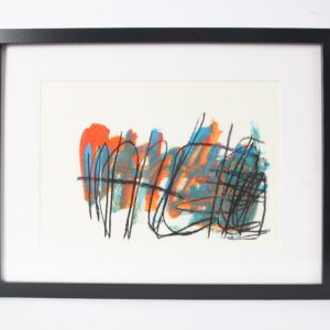 Abstract artwork in orange, blue and black, on white background in black frame