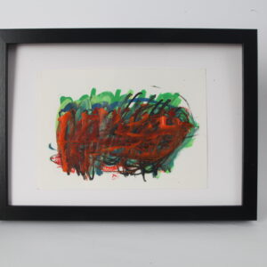Abstract artwork in orange, green and black, on white background in black frame