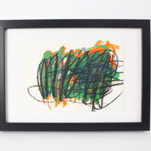 Abstract artwork in green, orange and black, on white background in black frame
