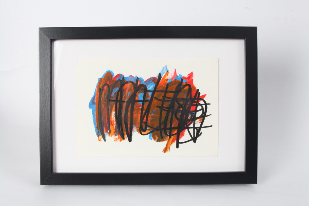 Abstract artwork in orange, red, blue and black, on white background in black frame