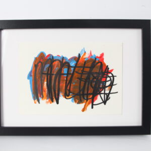 Abstract artwork in orange, red, blue and black, on white background in black frame