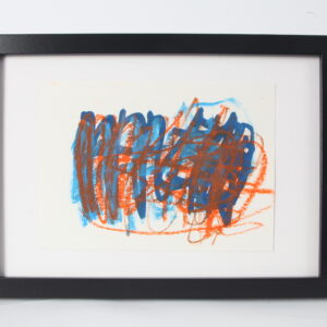 Abstract artwork in orange, light and dark blue, on white background in black frame