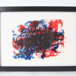 Abstract artwork in red, blue and black, on white background in black frame