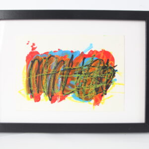 Abstract artwork in red, yellow, blue and black, on white background in black frame