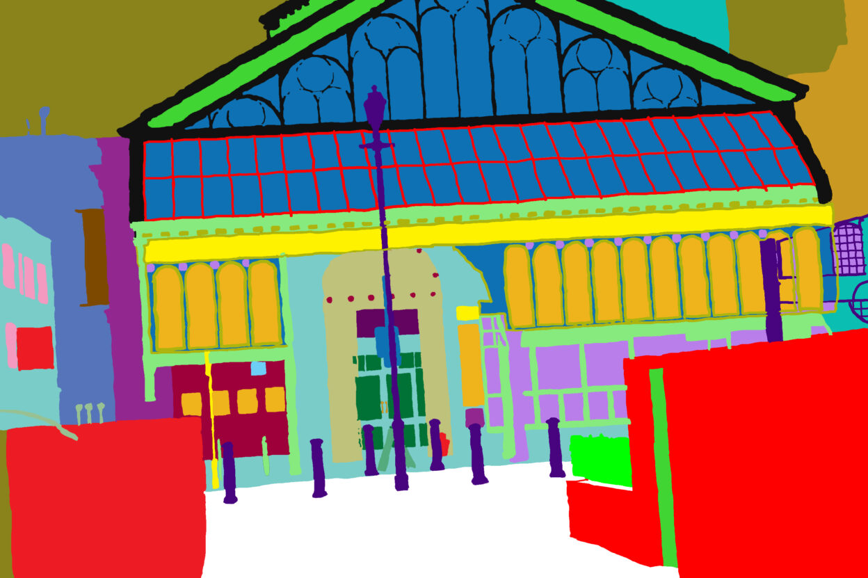 A colourful digital drawing of the exterior of the Manchester Craft and Design Centre.