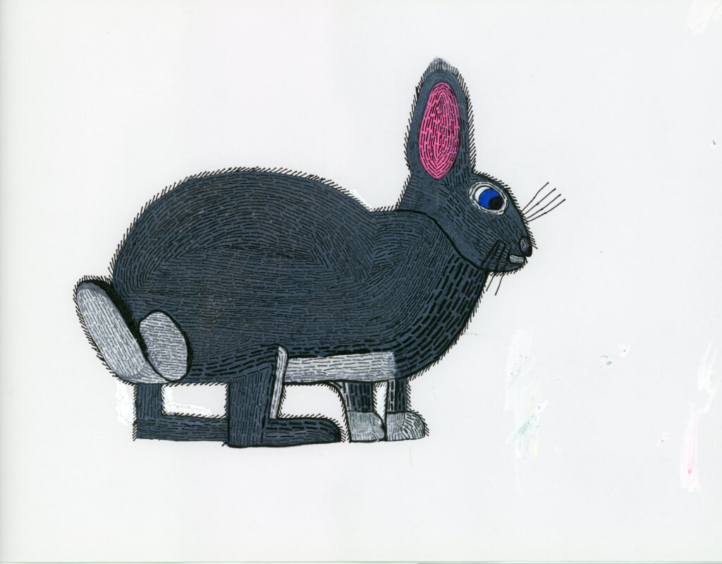 Hand drawn picture of a grey rabbit with pink ears