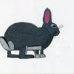 Hand drawn picture of a grey rabbit with pink ears