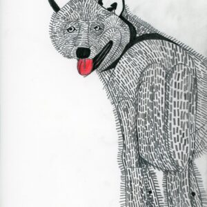 black and white illustration of a wolf with sharp claws and red tongue