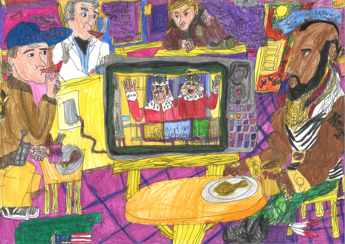 A pen and coloured pencil drawing of the A-Team watching the King's Coronation on TV.