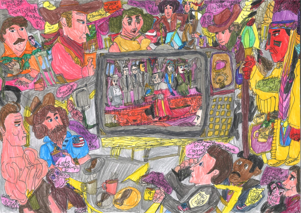 A pen and coloured pencil drawing of famous actors watching the King's coronation on TV.