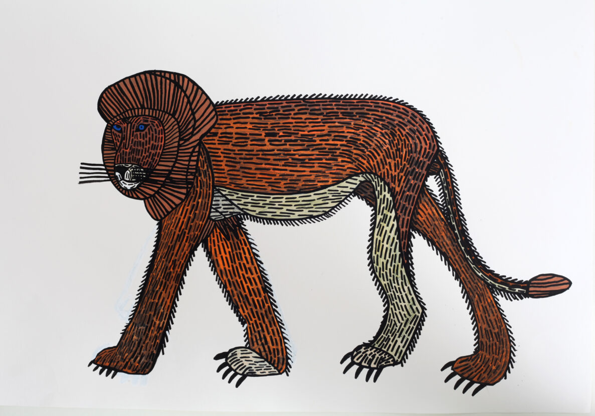An illustration of an ape walking on 4 legs. with orange. Featured in Wild exhibition.