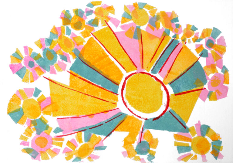 A bright screen print of a fire work in pink, yellow and green.