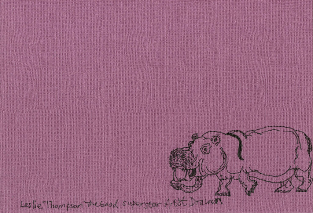 A5 Print - Hippo illustration in black ink on red / purple photo rag paper by Leslie Thompson