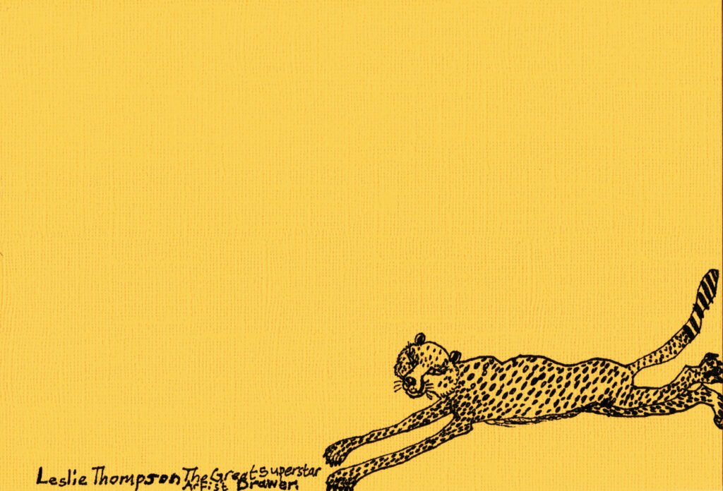 A5 Print - hand drawn black ink illustration of a leopard, on yellow photo rag paper, by Leslie Thompson