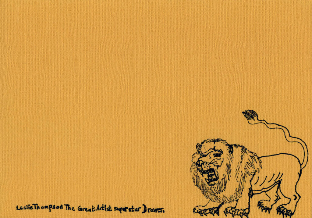 A5 print - hand drawn lion illustration in black ink on orange photo rag paper, by Leslie Thompson