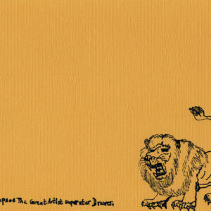 A5 print - hand drawn lion illustration in black ink on orange photo rag paper, by Leslie Thompson