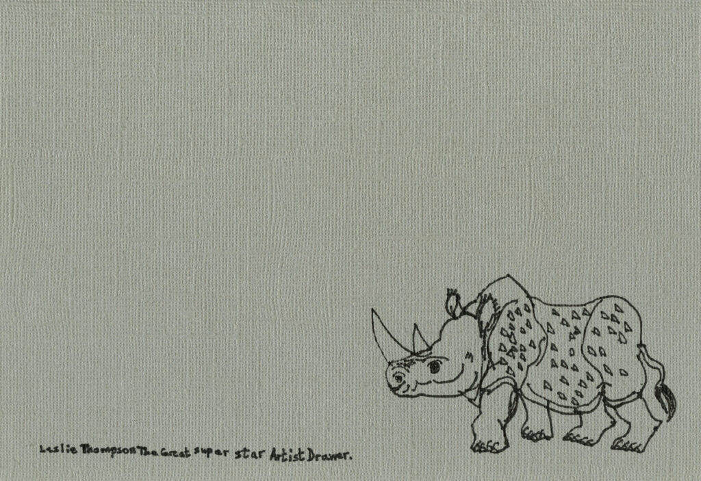 A5 Print - hand drawn illustration of a rhino in black ink on grey phot rag paper, by Leslie Thompson