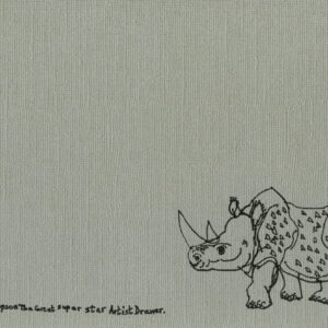 A5 Print - hand drawn illustration of a rhino in black ink on grey phot rag paper, by Leslie Thompson