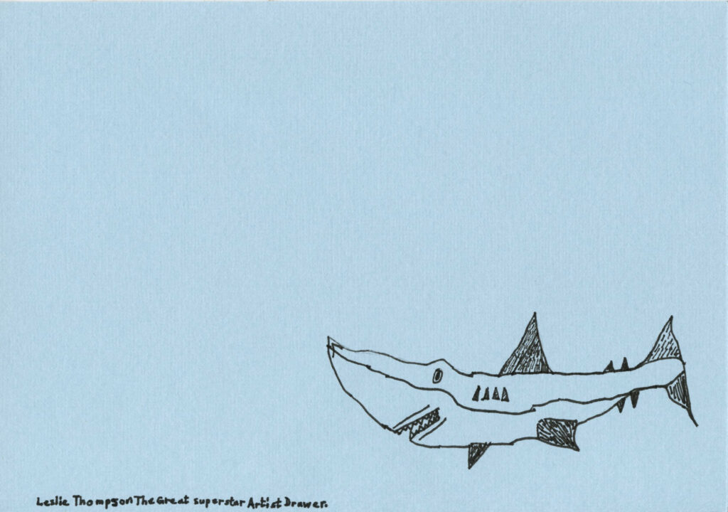 A5 Print - hand drawn illustration of a shark in black ink, on pale blue photo rag paper, by Leslie Thompson