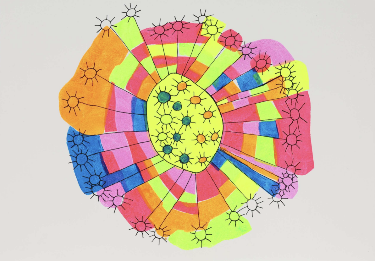 A stencil print by Venture Arts studio artist Emma Horton. It's a circular design that uses neon shades of pink, yellow, orange, red and blue.