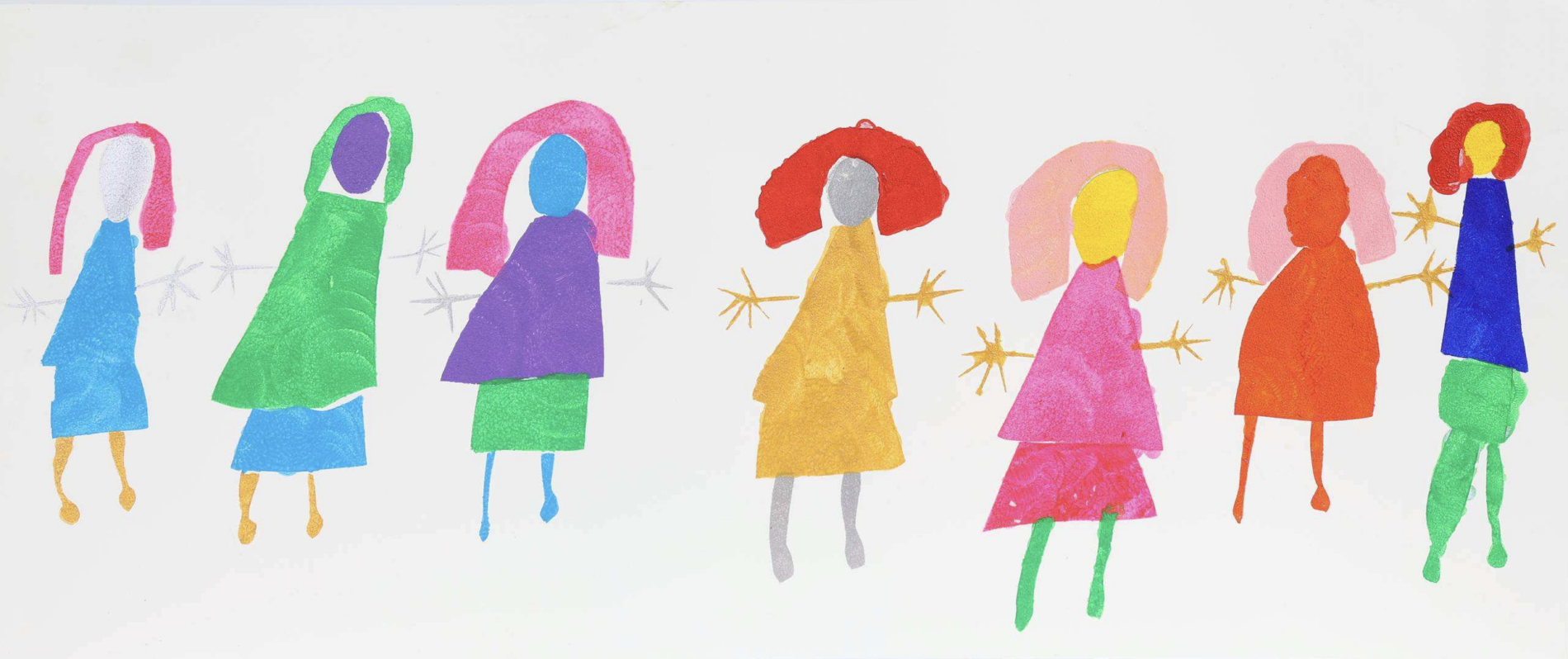 A stencil print by Venture Arts studio artist Emma Horton that features seven colourful figures on a white background.