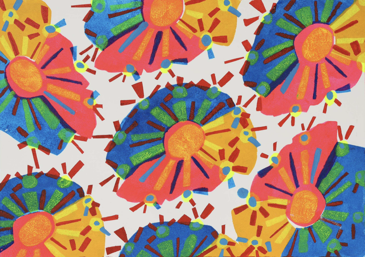 A stencil print by Venture Arts studio artist Emma Horton featuring a repetitive circular pattern that mainly uses the colours blue, green, yellow, red and pink.
