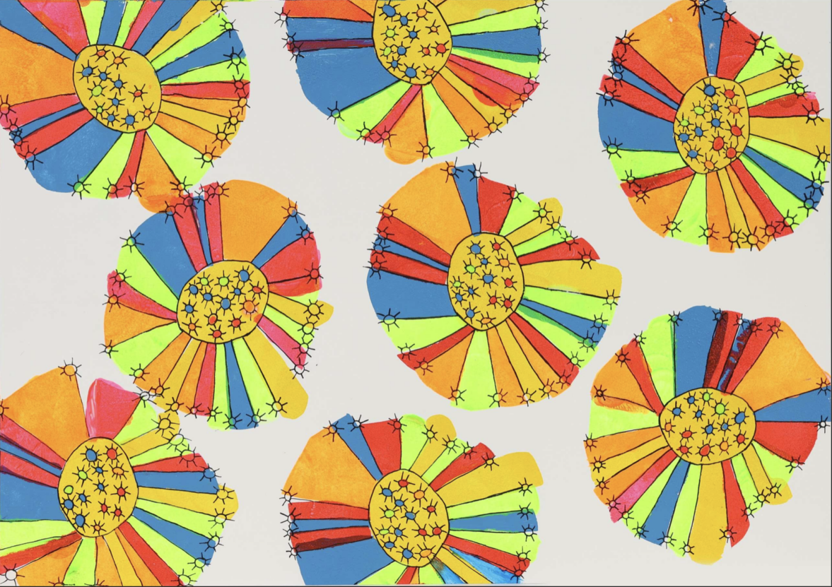 A stencil print by Venture Arts studio artist Emma Horton that uses repetitive circular shapes, using bright colours.