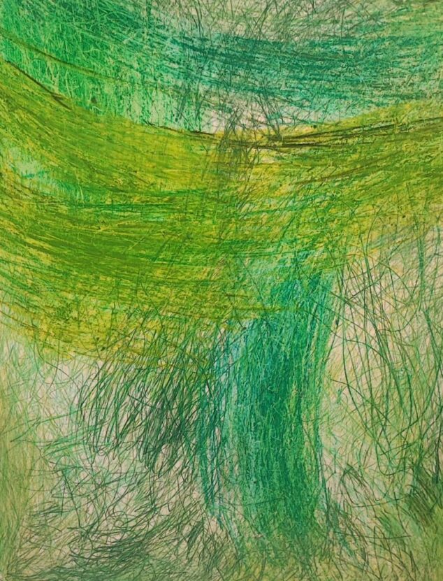 An abstract drawing using multiple layered strokes in various shades of green.