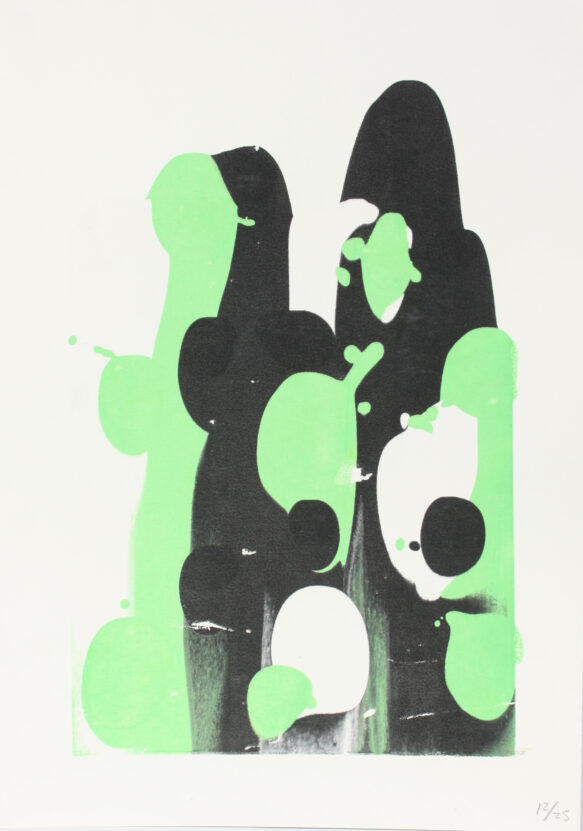 An abstract screen print in green, white and black.