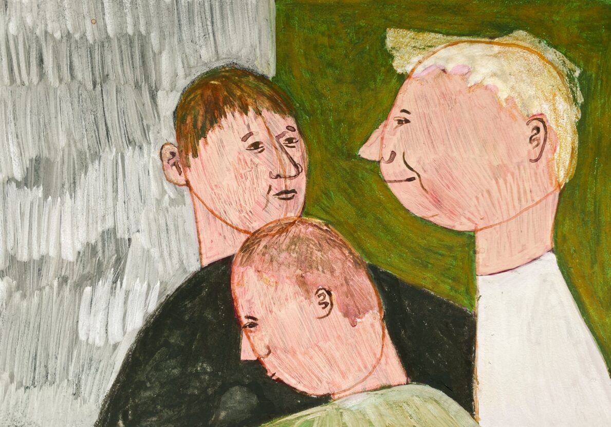 A painting of a 3 faces set against a grey and green background.