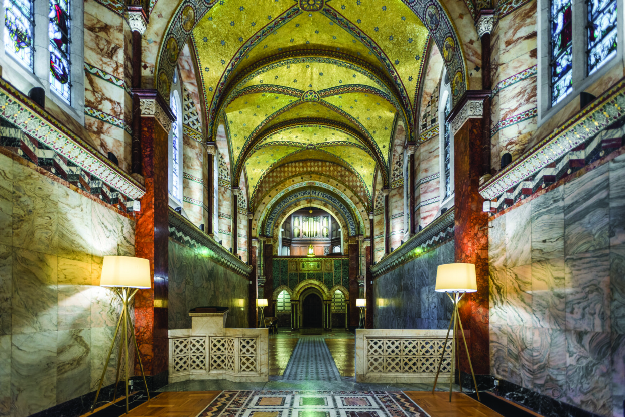 An interior shot of fitzrovia chapel showing its gold ceiling.