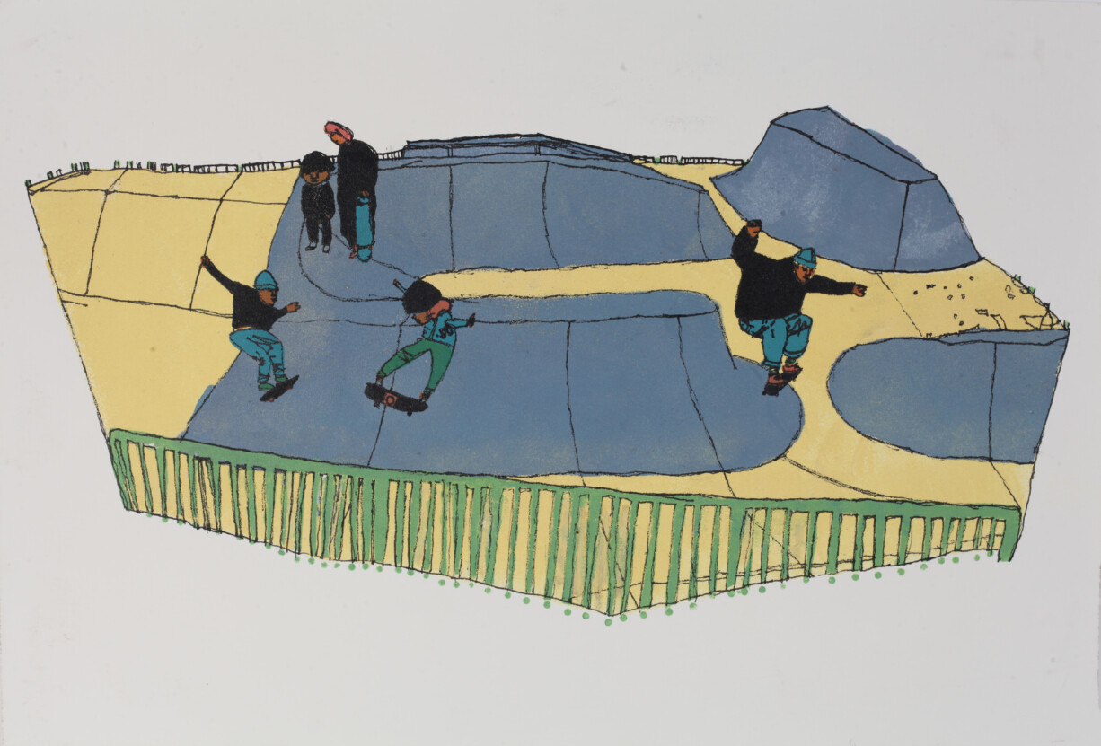 A stencil print image of a skatepark with 4 skaters.