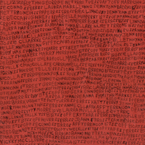 Christmas greetings card featuring a design by Barry Finan of writing on red paper