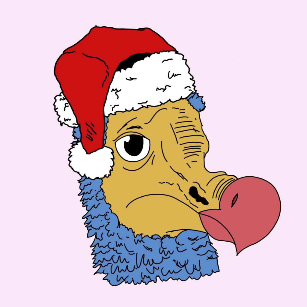 Christmas greetings card featuring a digital illustration of a dodo in a Santa hat, by Emelia Hewitt