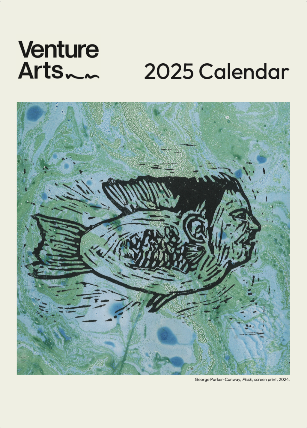 Front cover of Venture Arts 2025 calendar with black print on blue green marbled paper