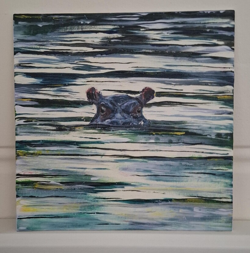 painting of water with a hippo's eyes and ears appearing above the water.