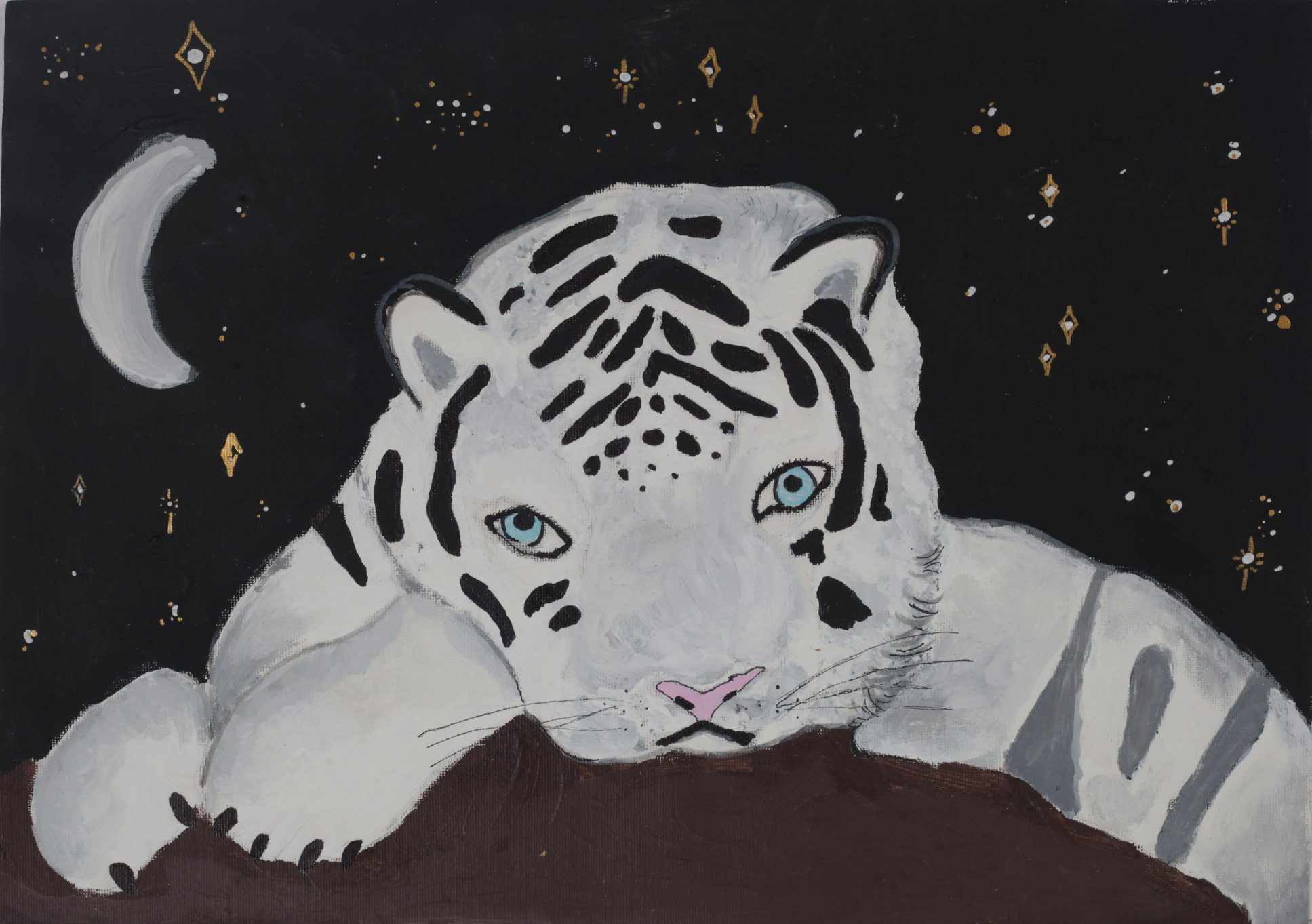A painting of a white tiger against a black sky with a cresent moon.
