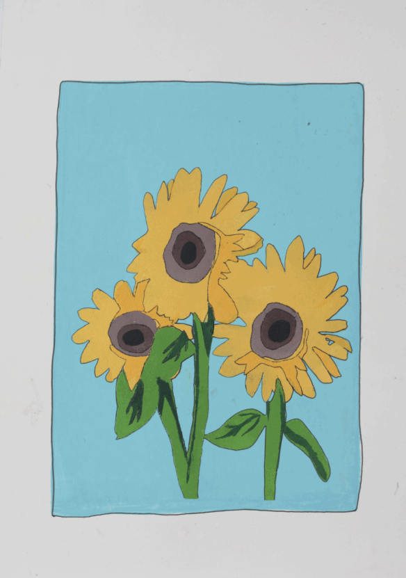 A digital drawing of 3 sunflowers against a blue background.