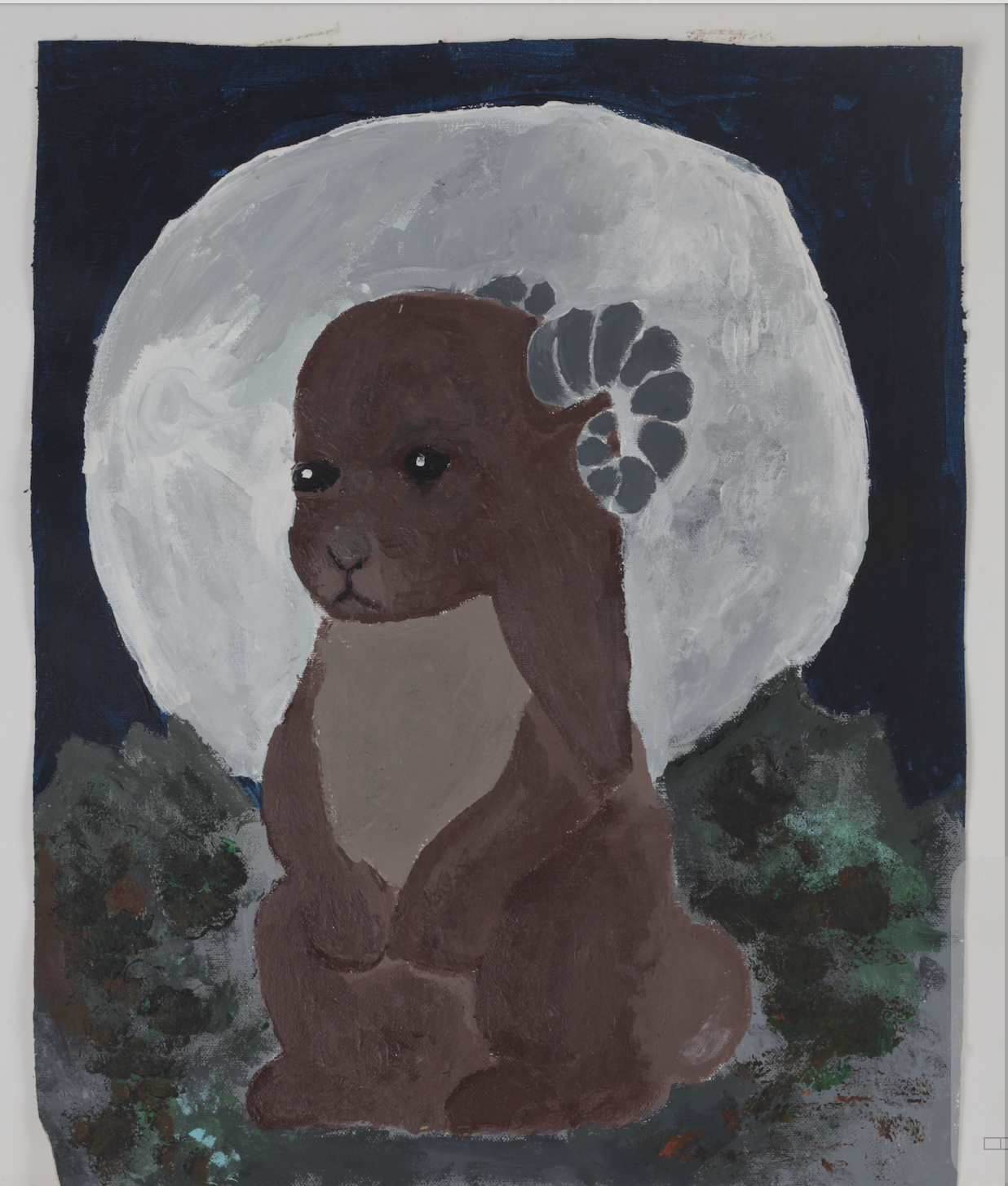 A jackalope painted against a night sky and full moon.