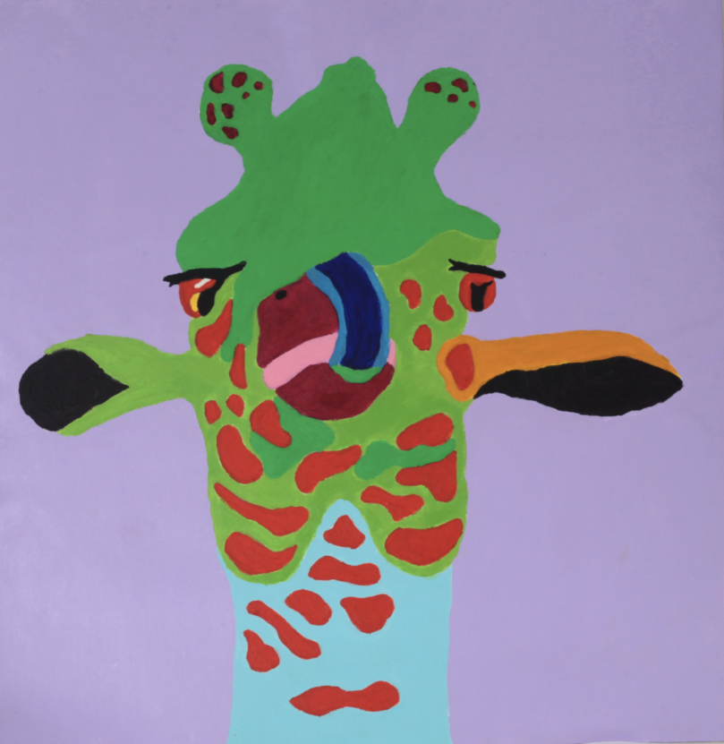 An abstract drawing (ink on paper) of a giraffe, entitled Rainbow Giraffe. The giraffe is mainly green with red spots and marks on its skin. It has one green ear and one orange ear and its neck and tongue are blue.