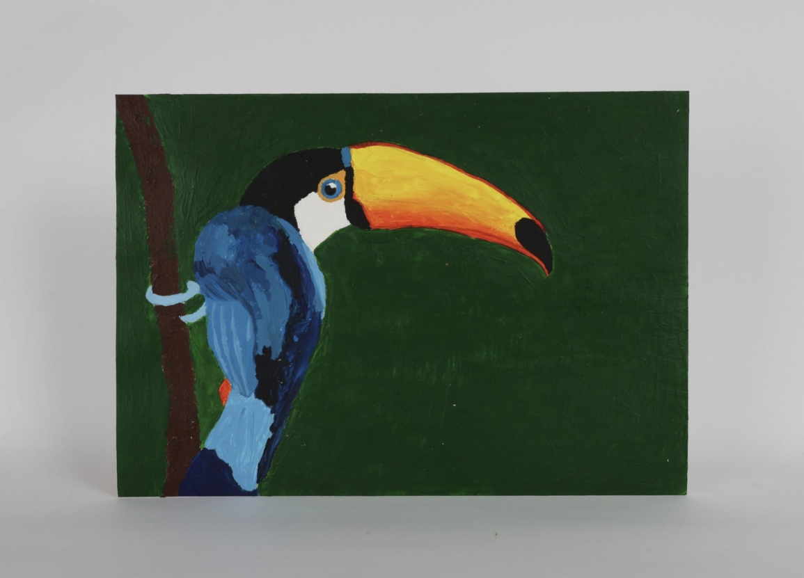 A painting of a toucan by Niamh Spawton. It has a large yellow beak, a black and white head and a body coloured in several shades of blue. The toucan is perched on a thin brown branch. The background is dark green.