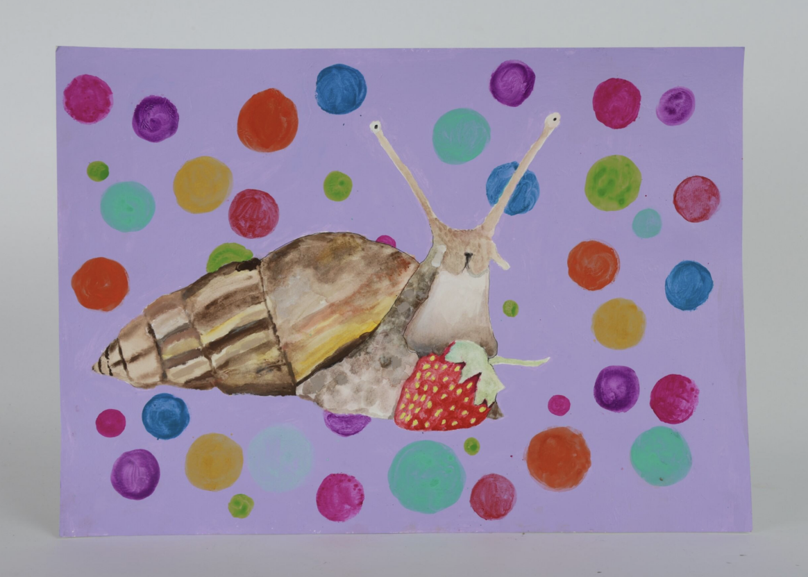 A painting by Niamh Spawton entitled Colourful Snail. The picture is of a detailed brown snail eating a bright red strawberry. The background is lilac and there are lots of different coloured circles of different sizes.
